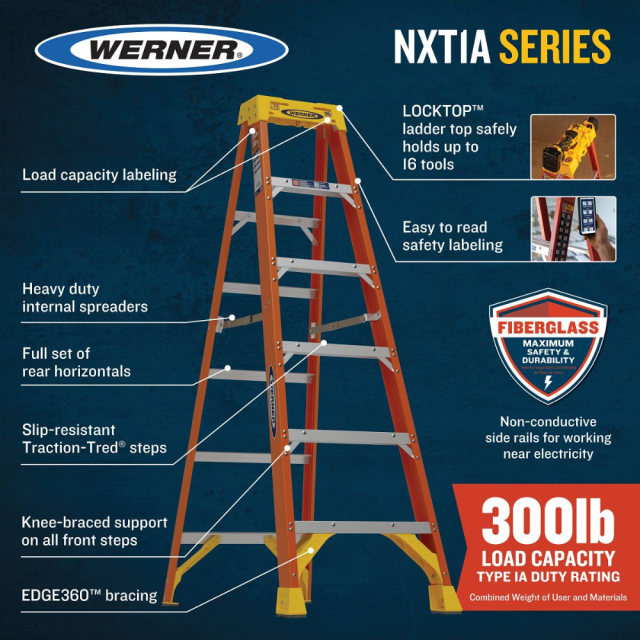 WERNER NXT1A 12-ft (16-ft Reach height) Fiberglass Type 1A Ladder