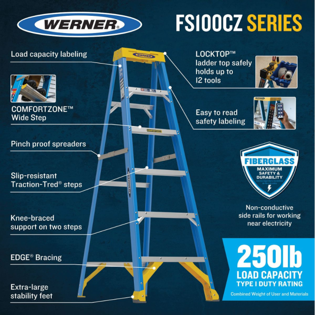 Werner FCS100CZ 6Ft (10 ft reach height) fiber glass type 1 ladder